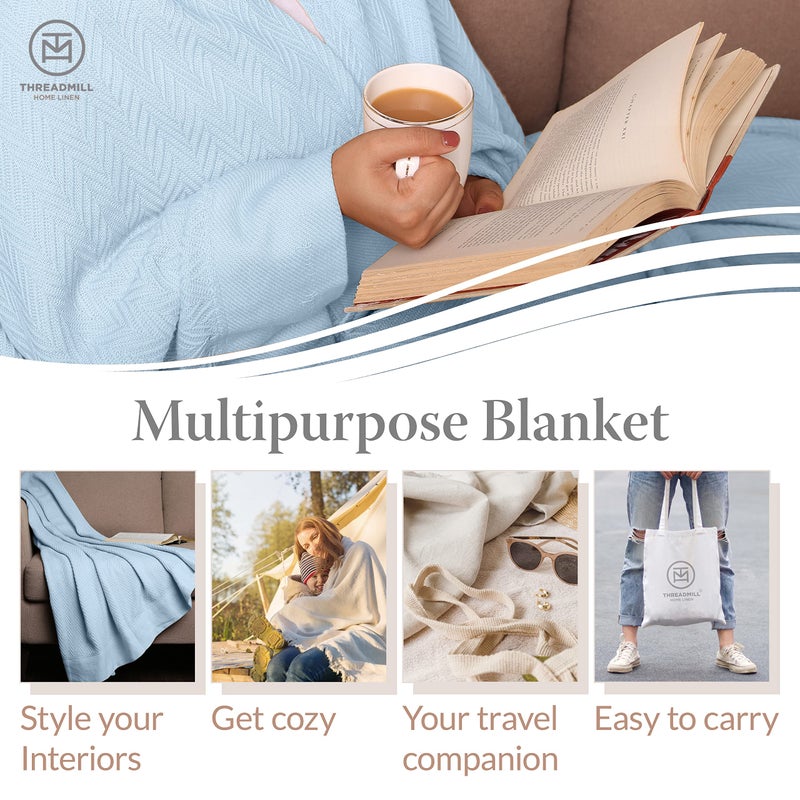 Threadmill Luxury Cotton Blankets for King Size Bed | All-Season Cozy 100% Cotton King Size Blanket | Herringbone Soft Fall Thermal Blanket fits Cal King Size Bed | Light Blue - Image 2
